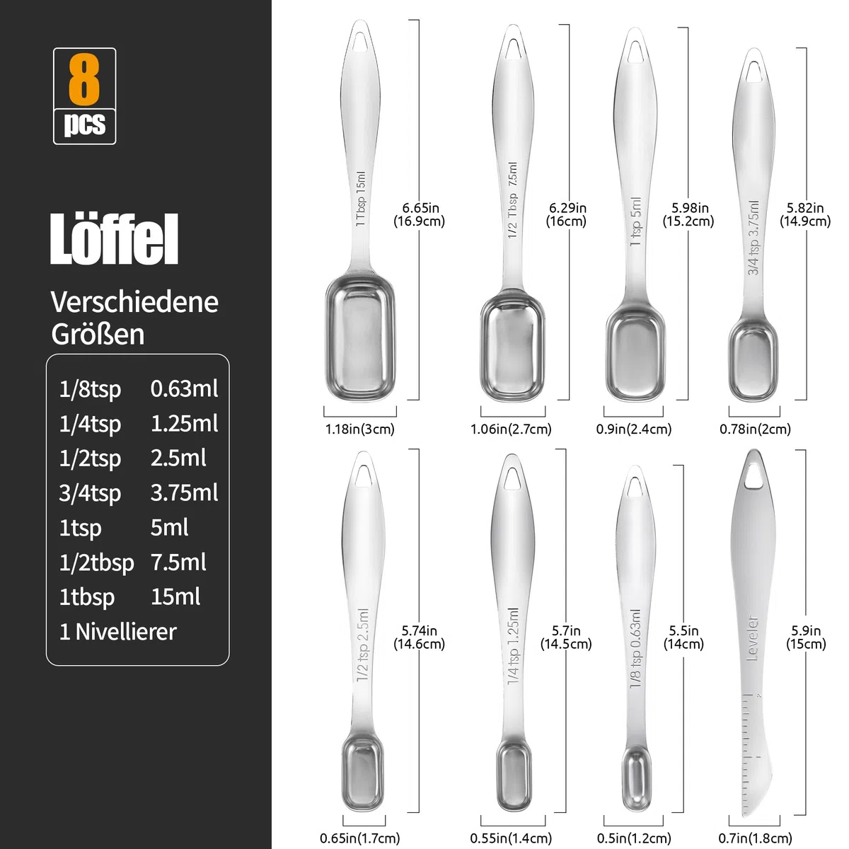 Doosu Messlöffel aus 18/8 Edelstahl, Metall Gewürzlöffel Esslöffel Dosierlöffel Präzisions Küchenwerkzeug zum Messen für Proteinpulver, Kaffee und Backen, Spülmaschinenfest (Schmaler, 8er-Set)