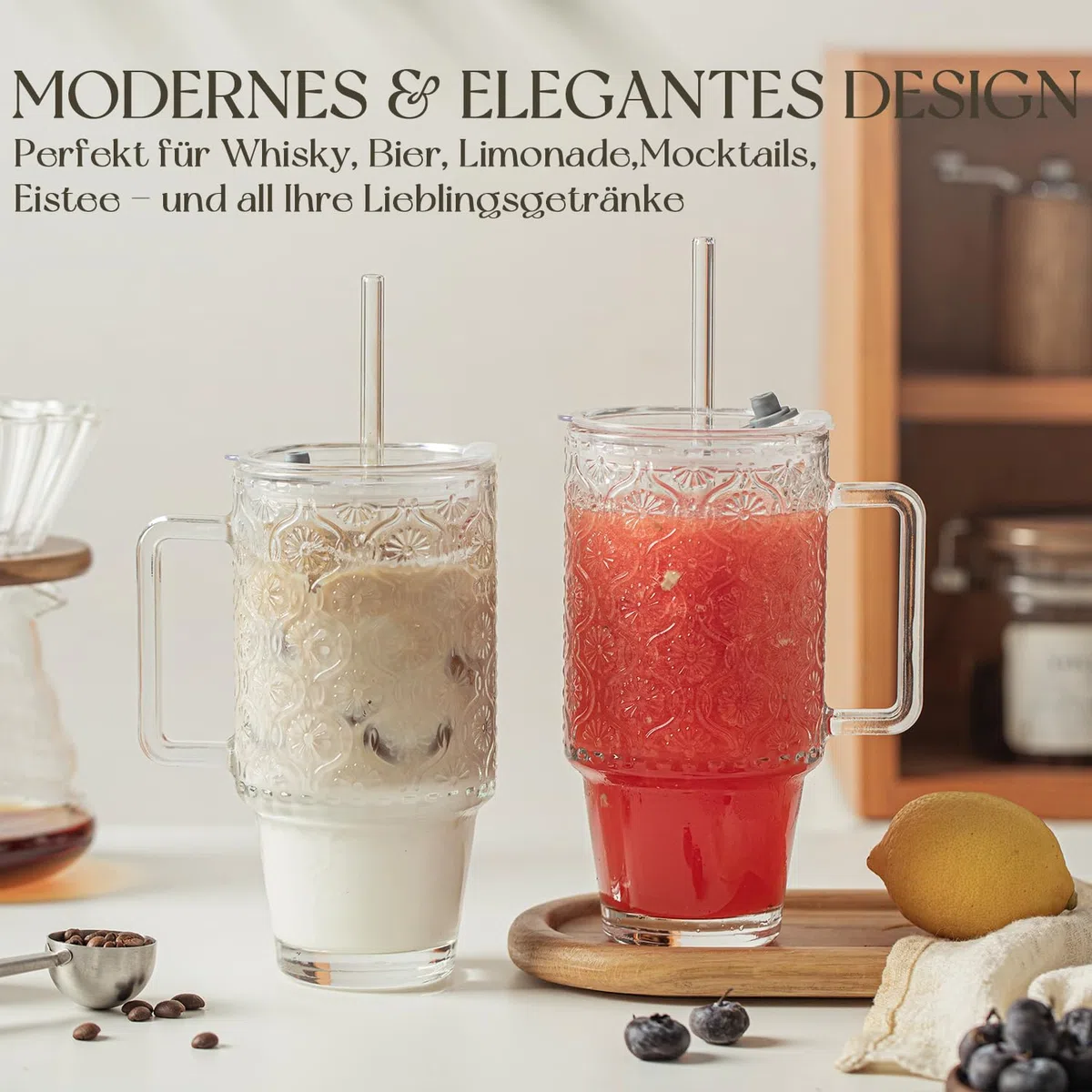 KEMORELA 2er-Set 710ml Premium Rillengläser mit Deckel & Strohhalm - Kaffeebecher, Saftgläser, Smoothiegläser & Wassergläser mit extra weitem Rand, bleifrei und spülmaschinengeeignet
