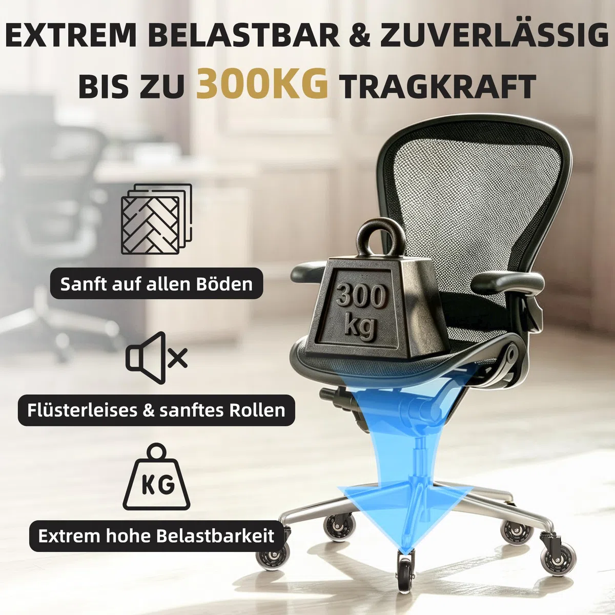 WEWILL Bürostuhl Rollen Stuhlrollen bis 300 kg Schreibtischstuhl Gummirollen Hartbodenrollen, Sehr leise Bürostuhlrollen 5PCS 11x22 mm, Keine Bodenschutzmatte Nötig Keine Kratzer im Boden