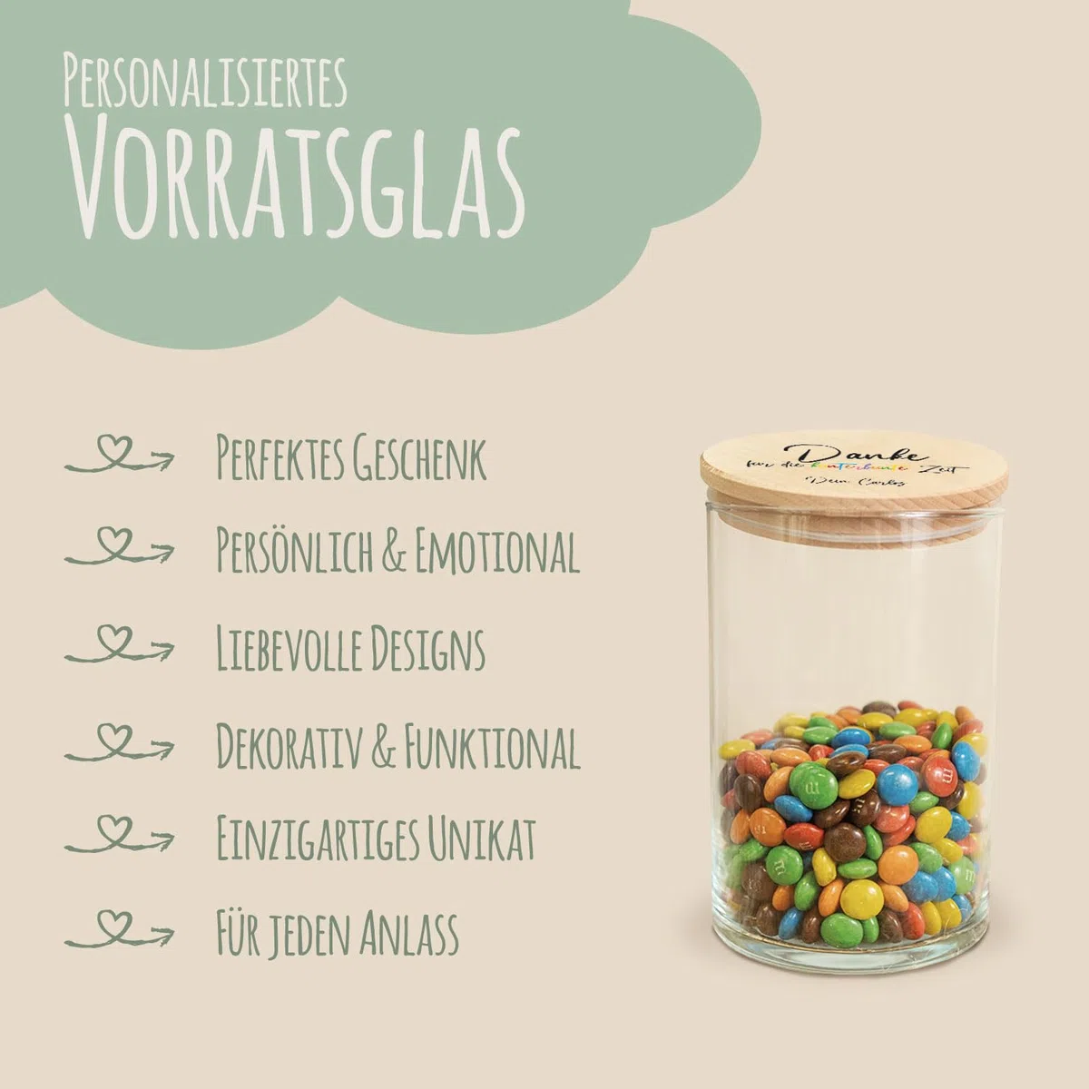 GRAVURZEILE Vorratsglas mit bedrucktem Holzdeckel - Danke für die Kunterbunte Zeit V1 - Personalisiert mit Name - Keksdose Bonbonglas mit Deckel - Vorratsdose - Geschenk als Dankeschön - 880 ml