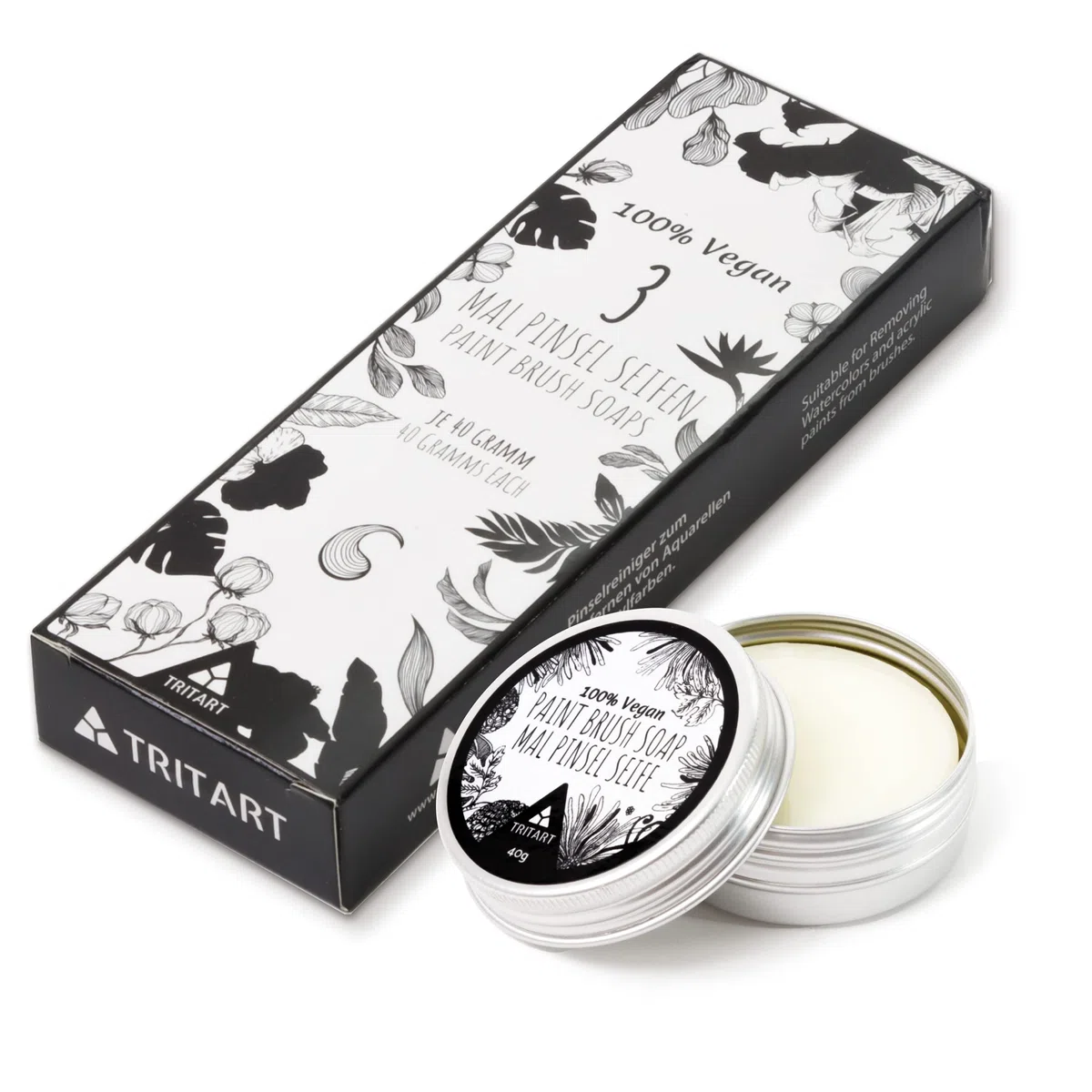 Tritart Pinselreiniger für Acrylfarbe und Aquarell - 3er Set -Künstlerseife und Malpinsel Reiniger | 3x 40g vegane Pinselseife für Künstler
