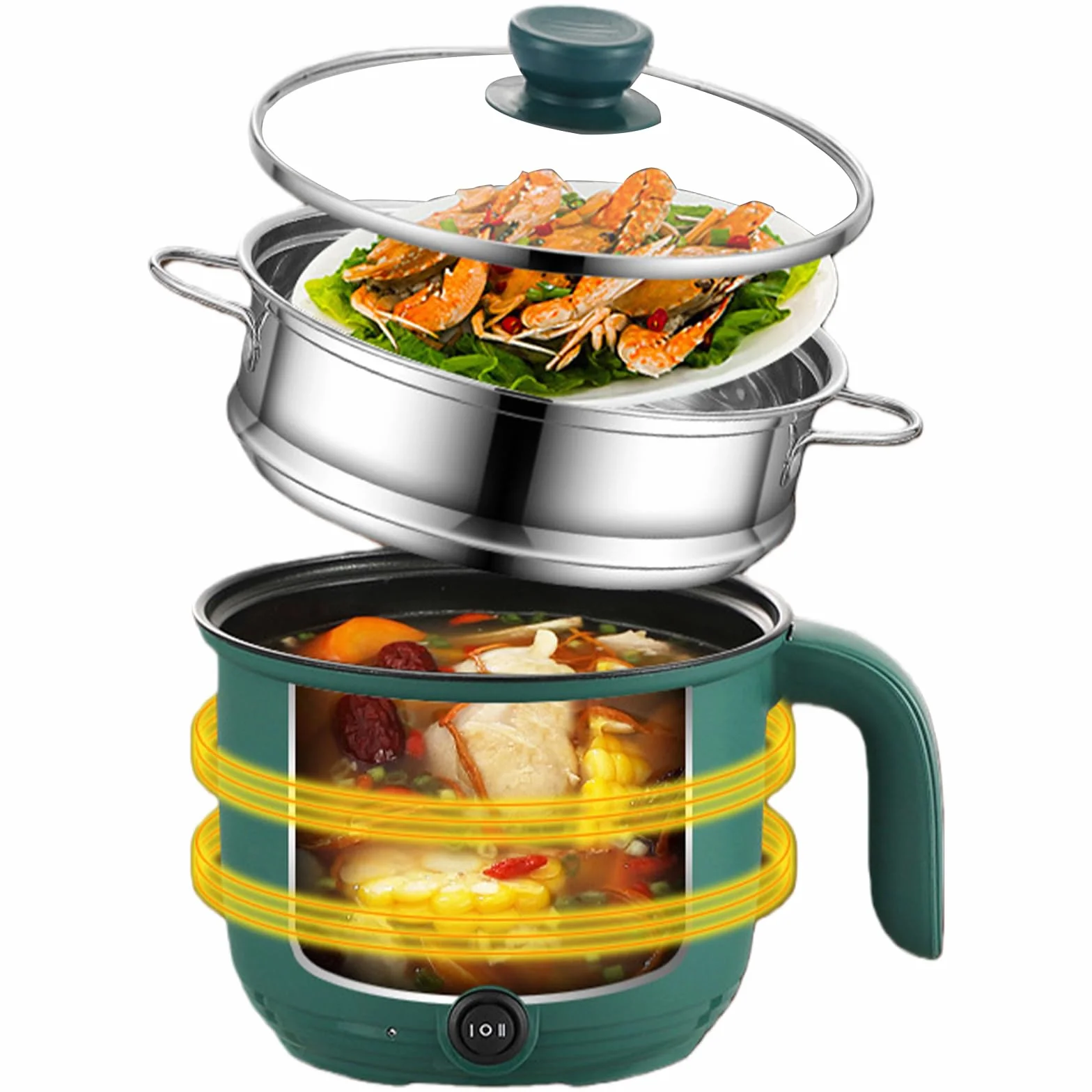 Elektrischer Hot Pot 1.5L, Tragbare Mini Antihaft Multikocher mit Dampfgarer, Schneller Ramen Kocher & Elektrische Bratpfanne mit Dual Power Steuerung, Reisekocher für Zuhause Büro Wohnheim