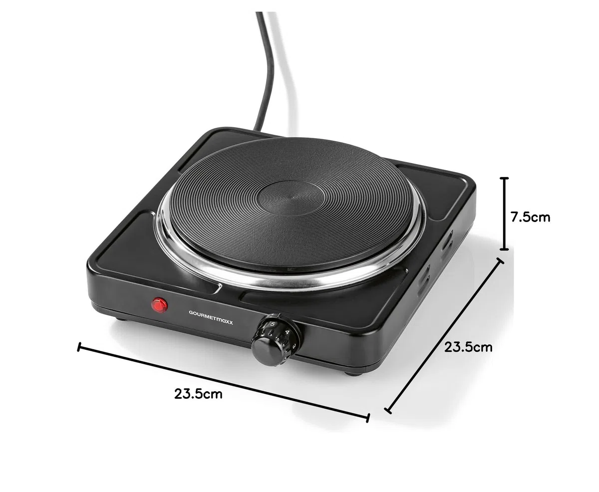 GOURMETmaxx Elektrische Kompakt-Herdplatte | 1500W, Stufenlose Temperaturregulierung | Integrierter Thermostat | Kontrollleuchte, Ideal für Camping, Büro & kleine Küchen | Für Töpfe bis 18,5 cm