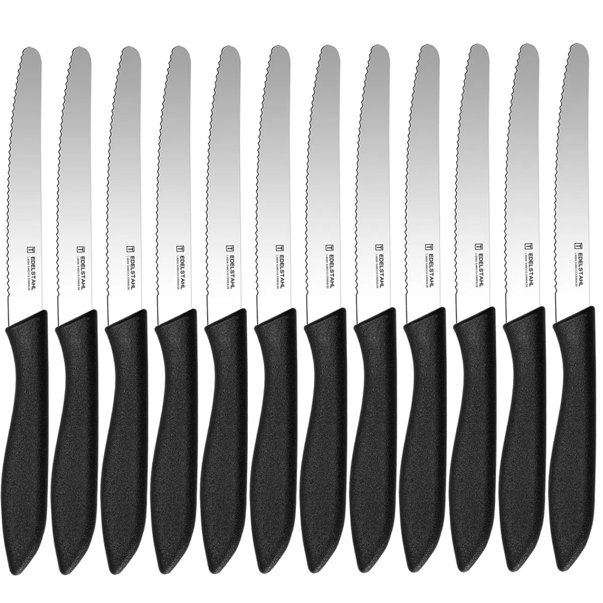 Frühstücksmesser 12-teilig,Brötchenmesser mit Wellenschliff, Brotzeitmesser,Tomatenmesser,Buttermesser,Scharfes tafelmesser wellenschliff,Spezialklingenstahl,Spülmaschinenfest,schwarz