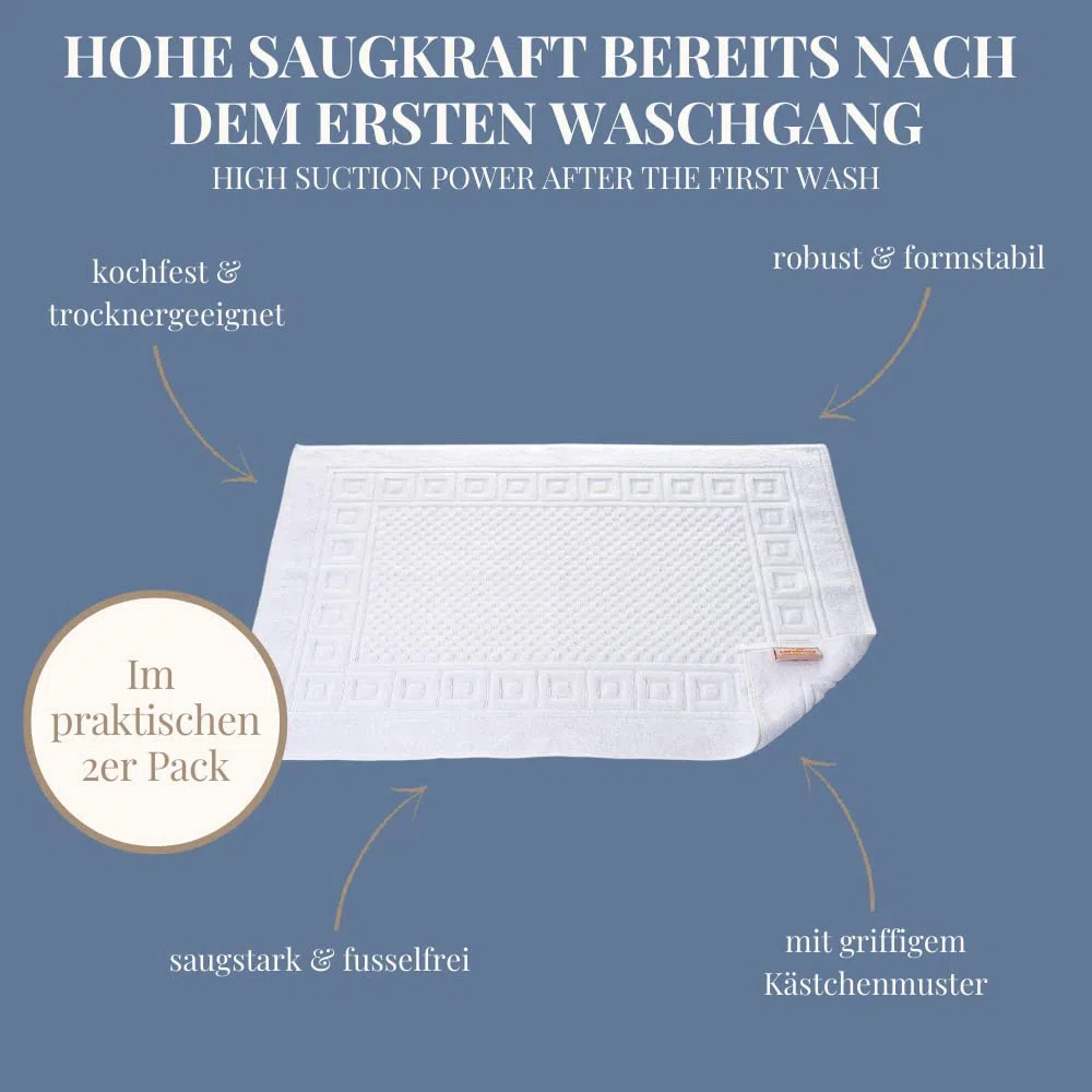 Carenesse Badvorleger 2er Set 50 x 70 cm weiß I Saugstarke Badematte aus Baumwolle: Premium Hotelqualität Öko-Tex 100 I Waffelmuster & Bordüre I Duschvorleger dick & fusselfrei