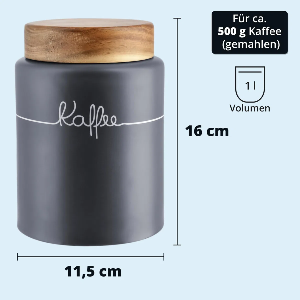 KHG Kaffeedose luftdicht, Keramik Steingut in Anthrazit Grau mit Holz-Deckel, Kapazität 1 Liter, Vorratsdose Kaffee rund & mit Beschriftung, Kaffee Aufbewahrung aromadicht