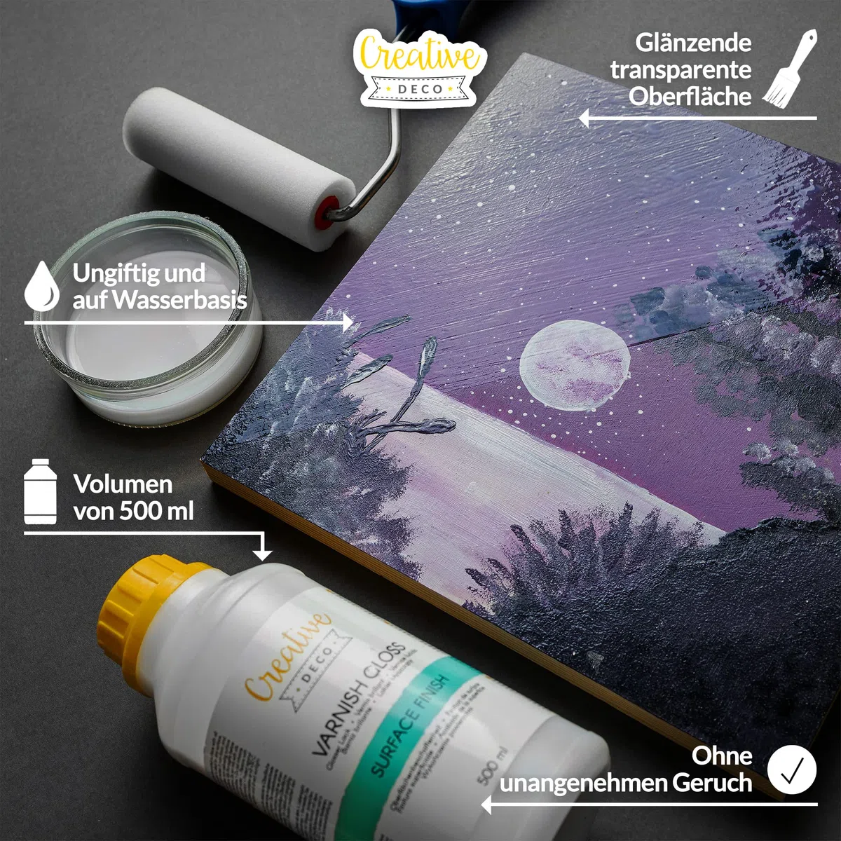 Creative Deco Acryl Glanzlack Firnis | 500 ml Flasche Klarlack | Oberflächenfinish auf Wasserbasis | Permanenter farbloser Lack | Verwendung im Innen- und Außenbereich | Bastelprojekte und Gemälde