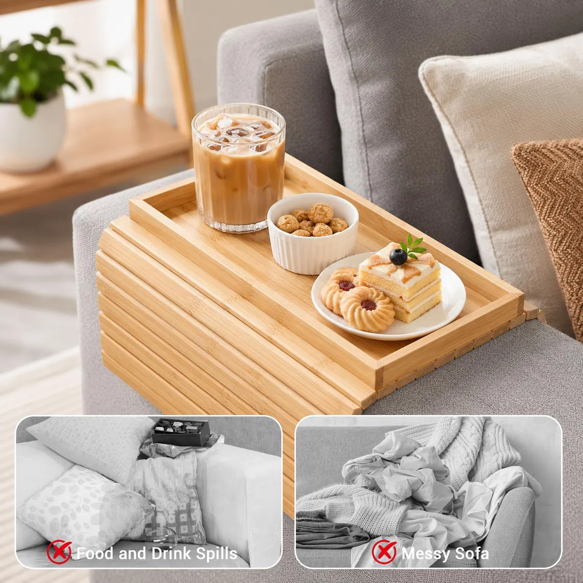 Sofatablett Armlehne aus Holz, Couch Tablett zum Einhängen, Sofaablage für Snacks, Getränke und Fernbedienung, Armlehnen Tablett Platzsparender Home Organizer für Sofa und Sessel