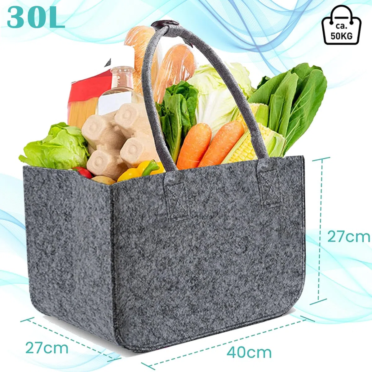 2 Stück 30L Filztaschen Shopper Groß, Einkaufstasche Faltbar Filz Einkaufskorb mit Lange Henkel, Stabiler Einkaufs Tasche mit Innentasche, Filztasche Kaminholz Filzkorb (Dunkelgrau)