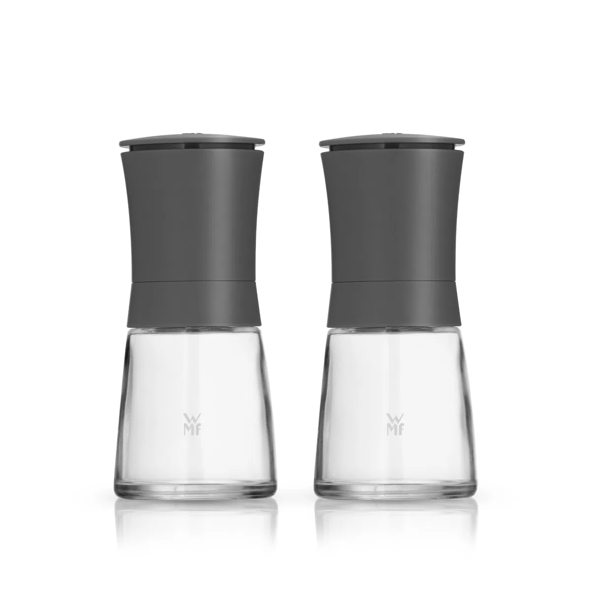 WMF Trend Mühlenset 2tlg, Salz- und Pfeffermühle unbefüllt, Glasbehälter, Keramikmahlwerk, Mühle für Salz und Pfeffer, Gewürze, spülmaschinengeeignet, grau