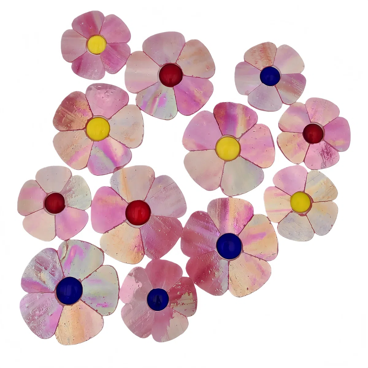 Glasblumen-Mosaikfliesen, 12 Stück Buntglas-Blumenmosaik-Stücke für Haus- und Gartendekoration, geeignet für DIY-Handwerke und Kunstprojekte. (Schillerndes Rosa)