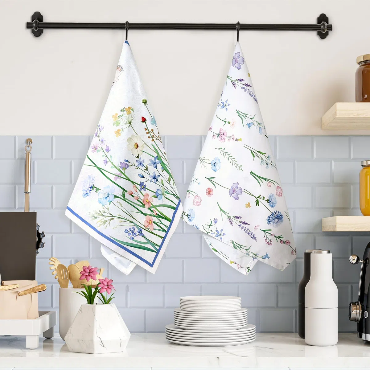 4er Set Geschirrtücher Blau Wildblume Küchentücher Schmetterling Blume Dekorative 100% Baumwolle, 48 x 70 cm, Trockentücher Saugstarke Geschenk, Küche Dekoration