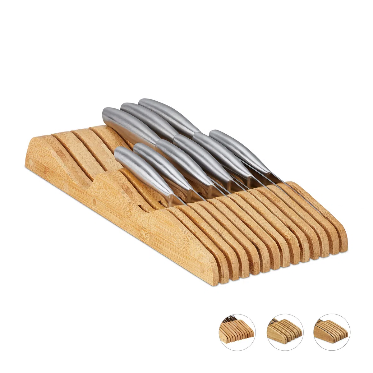 Relaxdays Messerblock Schublade, liegend, Bambus, für 13 Messer, HBT: 5x17x40 cm, Schubladeneinsatz, Natur, 10020296_61