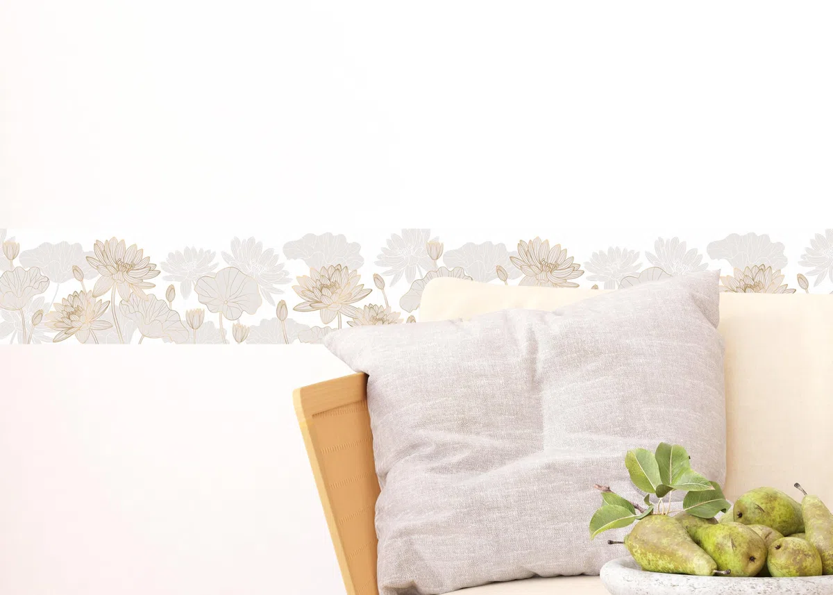 AG Design Selbstklebende Bordüre Goldene Blumen, AWB 8438 | Wasserfest Dekoration für Wände, Möbel, Tapeten, Wandverkleidungen und Türen, Folie, Mehrfarbig | Breite 500 cm x Höhe 13.8 cm