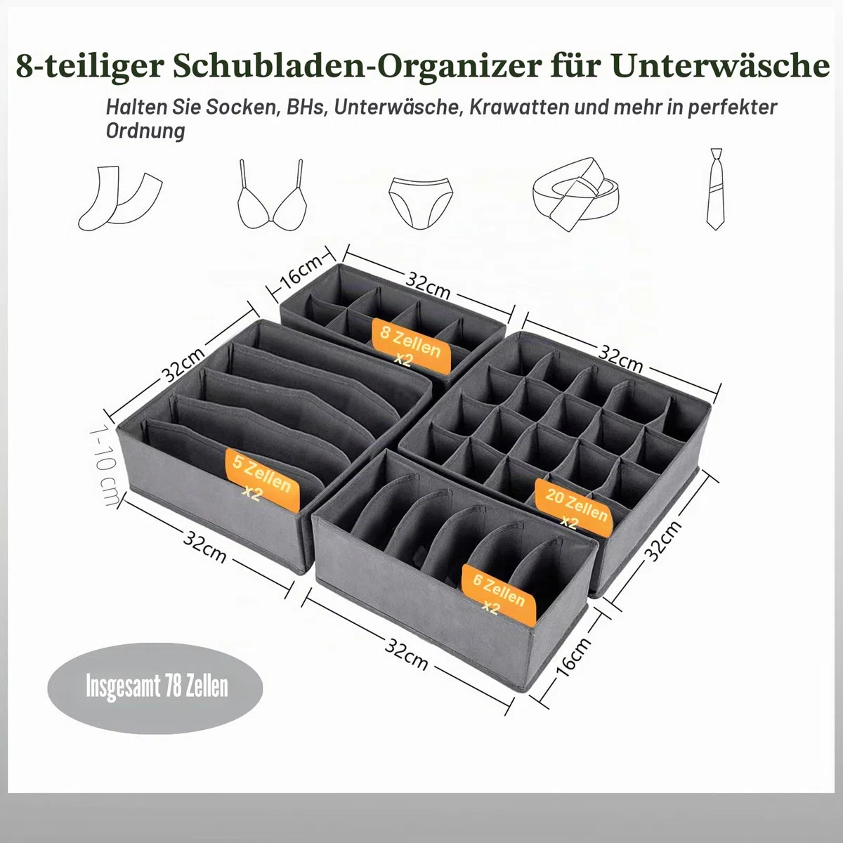 Yucch 8er Set Unterwäsche Organizer – faltbare Stoffboxen für Schubladen mit 5/6/8/20 Fächern, platzsparendes Ordnungssystem für BHs, Socken und Krawatten – Grau