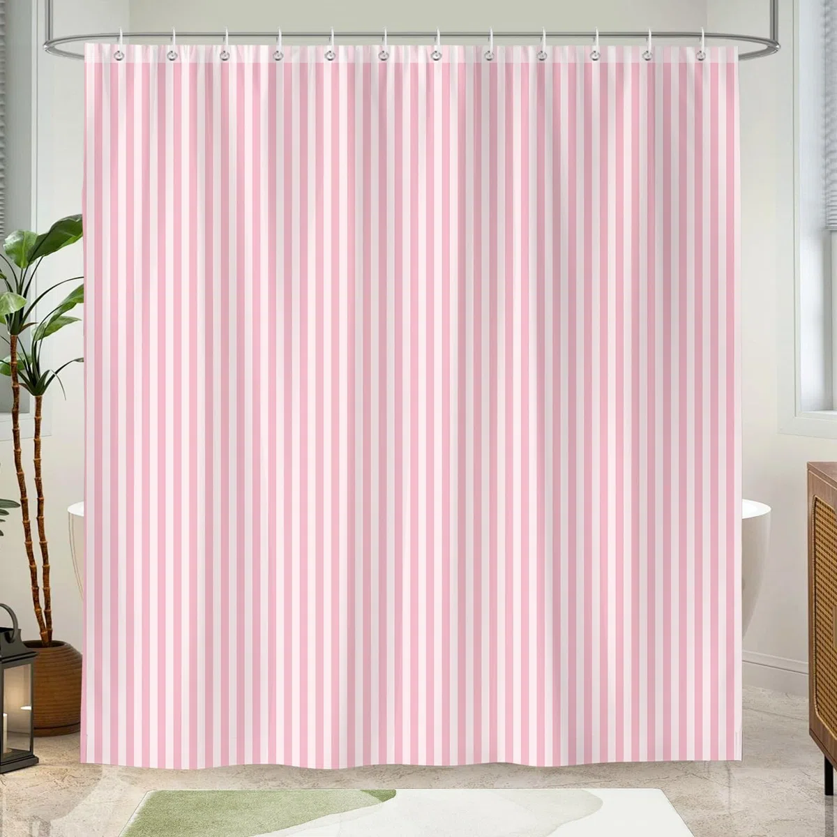 Duschvorhang 180x200 cm Rosa Weiß Gestreift, Moderner Textil Stoff Badevorhang mit Streifenmuster, Anti-Schimmel & Wasserabweisend, inkl. 12 Ringe, Maschinenwaschbar, 1-Teil