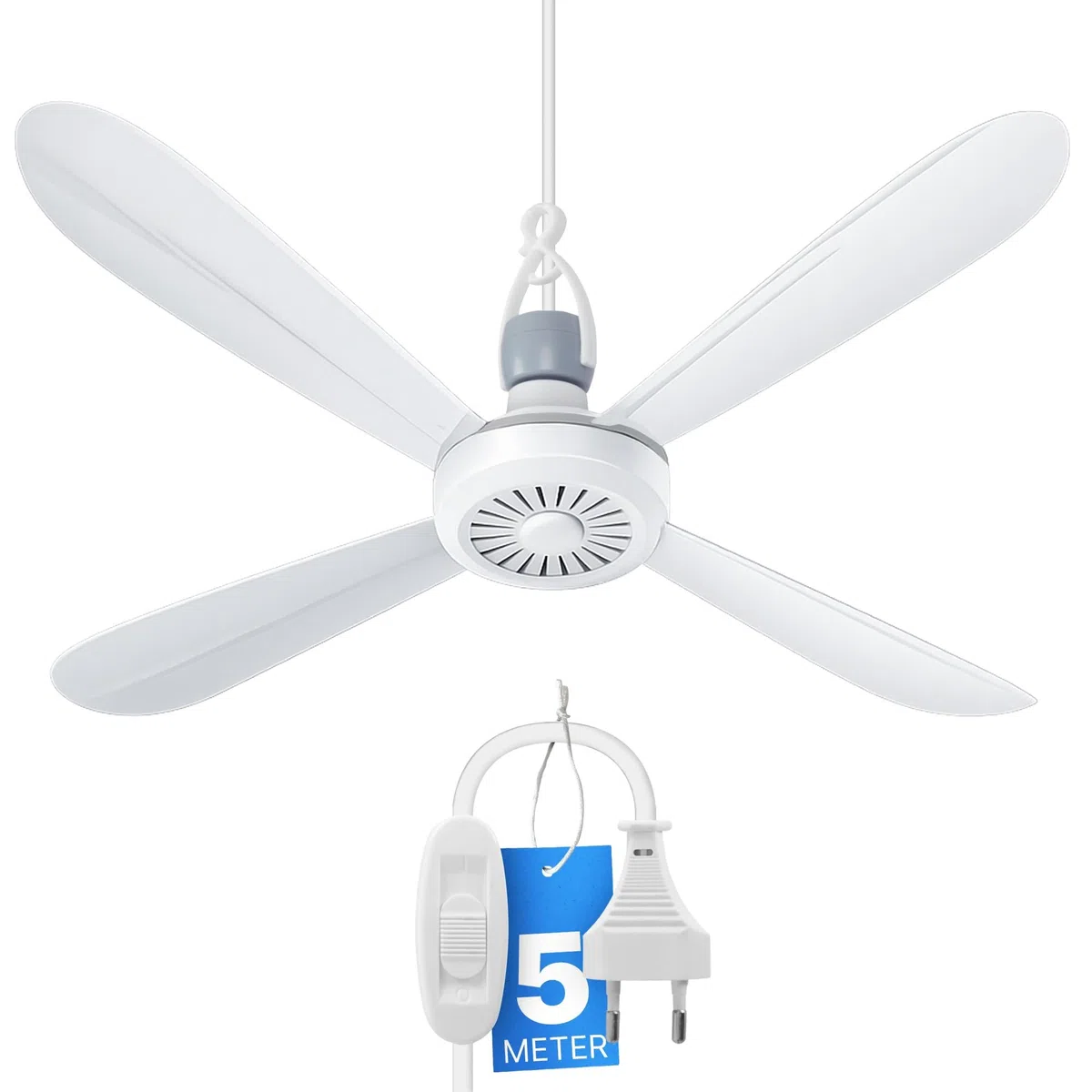 Bestlivings Mobiler Deckenventilator Weiß (5m XXL Kabel) mit Stecker und Schalter, 220V-240V / 5 Watt, Ø40 cm Decken Ventilator mit Aufhänger