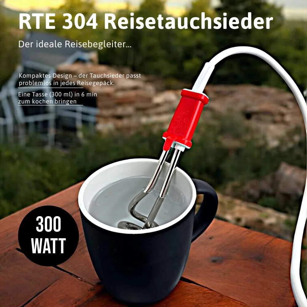 EHLERS RTE 304 Reisetauchsieder, 300 Watt, wärmeisolierter Griff, Überhitzungsschutz, 300 Watt, Etui