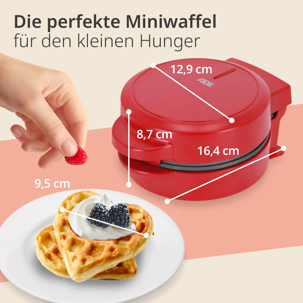 ADE Mini Waffeleisen Herzform | kleines Waffeleisen für 1 Person | Antihaftbeschichtung | 550 Watt | ideal für Geburtstag & Frühstück | rot