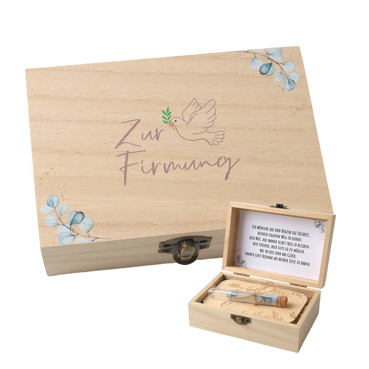 5-teiliges Firmung Geschenke, mit Glückwunschkarte, Reagenzglas, Raffia, Holzkarte, Verpackung für Geldgeschenke (14,5 x 10,5 x 6,5 cm) für Firmung Deko