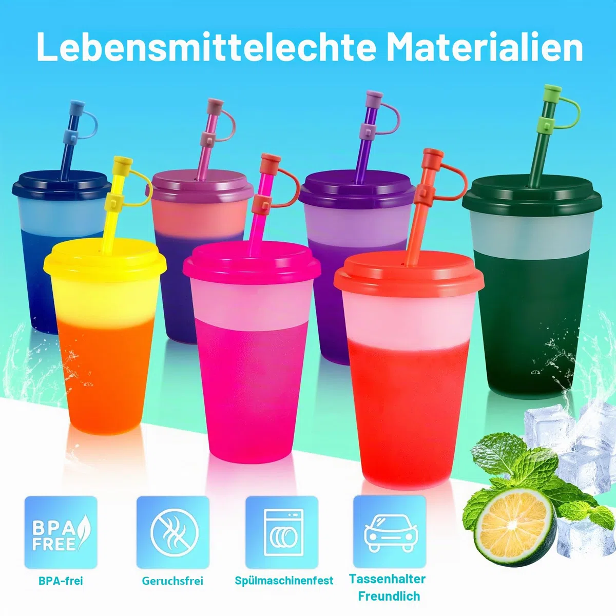 Patinao 7 Stück Becher Tasse Trinkbecher mit Strohhalm & Deckel - 350ml Farbwechselbecher Mehrweg Plastikbecher Tasse Eiskaffee Smoothie Cup Travel Mug (mit Silikon Strohhalm Cover)