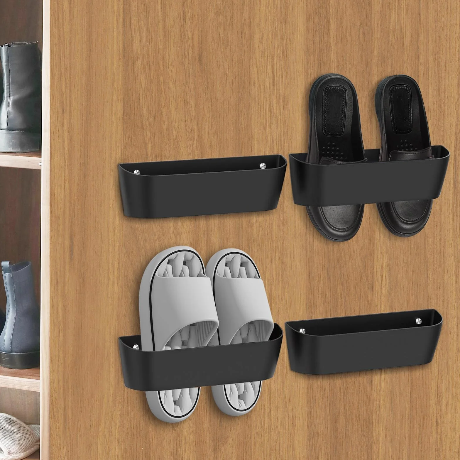 Schuhhalter Wand Wohnmobil, Schuhorganizer Camping mit Ohne Bohren Selbstklebend oder Bohren, Schuhregal zur Wandmontage, Tür Schuhaufhänger - Kunststoff, Schwarz 4 Stück