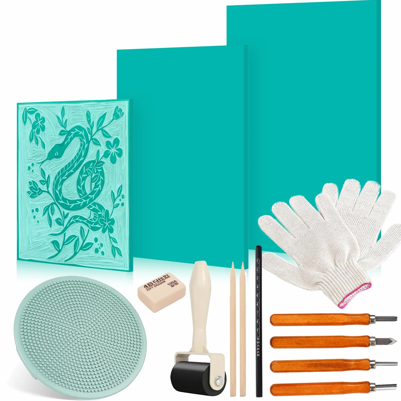14 Stück Linoleum Platten Linoldruck Set Stempelgummi Linolschnitt, Blockdruck Starter Kit, A4 A5 A6 Gummistempel Schnitzblöcke mit Bildhauerwerkzeugen, für Siegelschnitzerei DIY