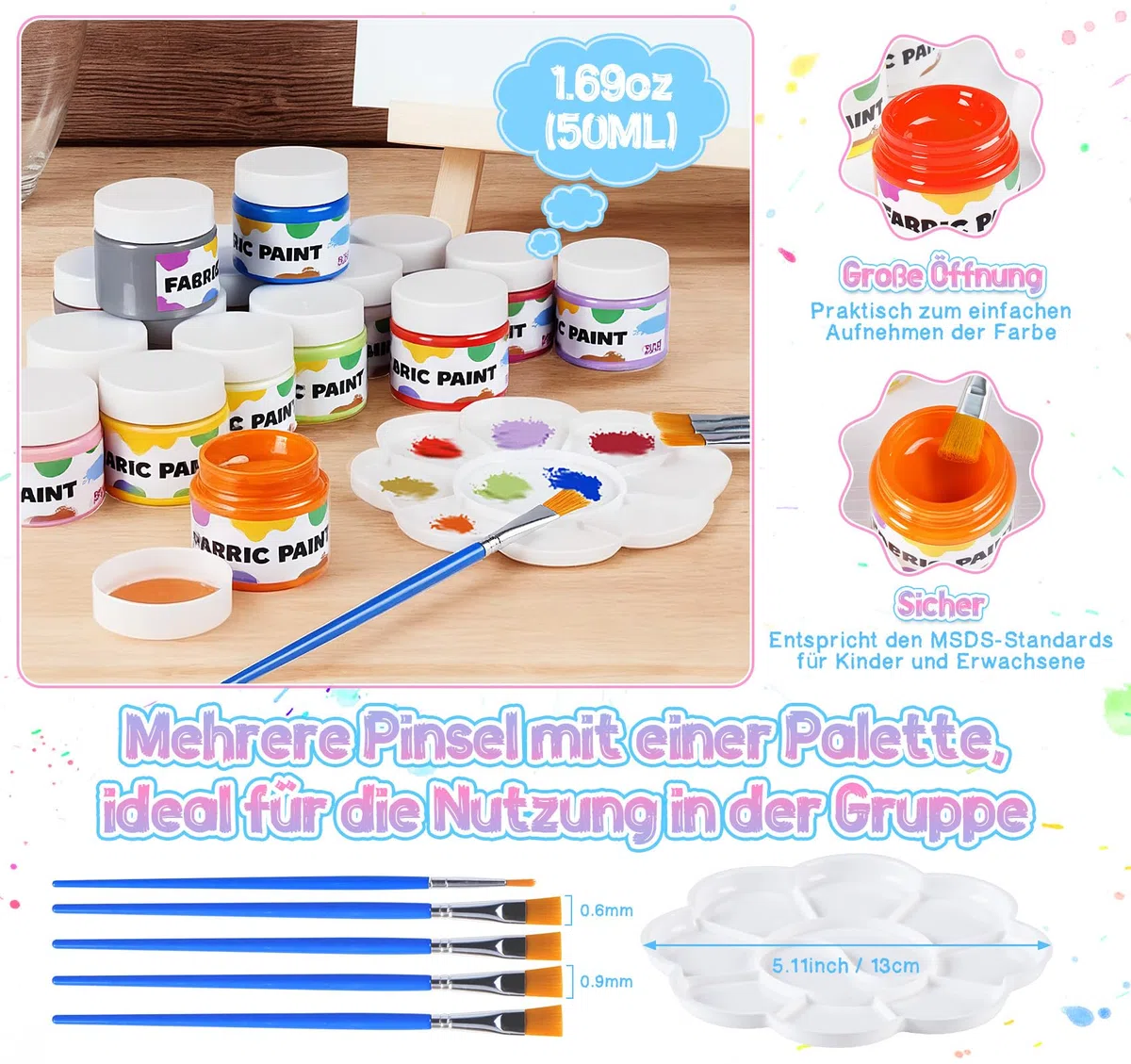 Textilfarbe Waschmaschinenfest 18 Farben je 50ml - Stoffmalfarben Set mit 5 Pinseln, Mischpalette - Hochdeckend für T-Shirts, Jeans, Schuhe auf hellen und dunklen Stoffen