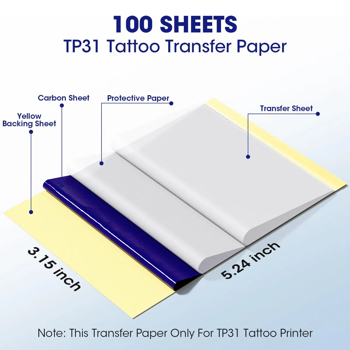 Phomemo TP31 Tattoo Transferpapier 100 Blätter, Tattoo Stencil Papier Kompatibel mit TP31 TP32 Tattoo Drucker, 80 * 133 mm (3.15" x 5.24") Size