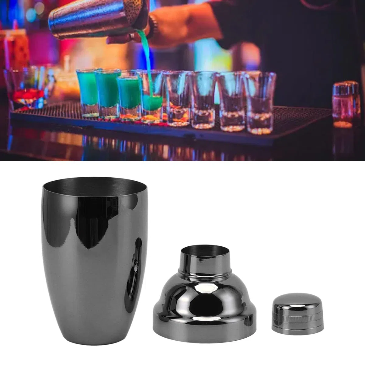 Cocktail-Shaker aus Edelstahl Mit Sieb Und Deckel, Kleiner Martini-Shaker aus Edelstahl, Kleiner Mini-Martini-Shaker Für Mixgetränke(Schwarz)