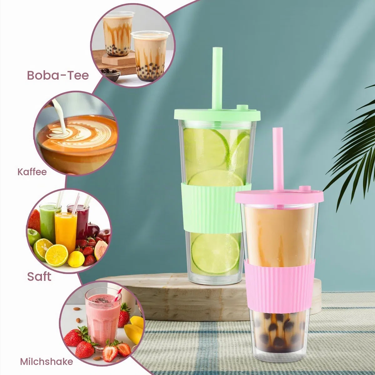 2er-Pack wiederverwendbare Bubble-Tee-Tasse, Boba- und Smoothie-Becher, 730ml/24oz Breitmaul-Doppelwand-Trinkgläser mit Strohhalm & Deckel, auslaufsicher für Eiskaffee, Milchshake (Grün&Rosa)