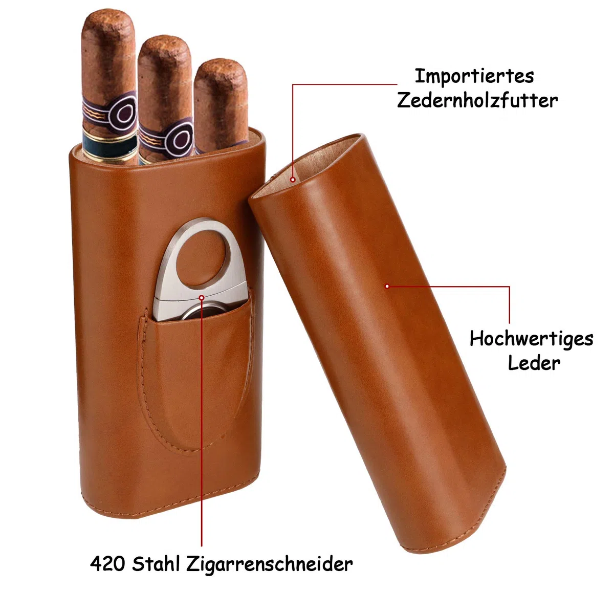 Zigarrenetui 3 Zigarren, Leder Zigarren Etuis mit Zigarrenschneider, Tragbarer Humidor Zigarren fr Reise Kurztrips(Braun)