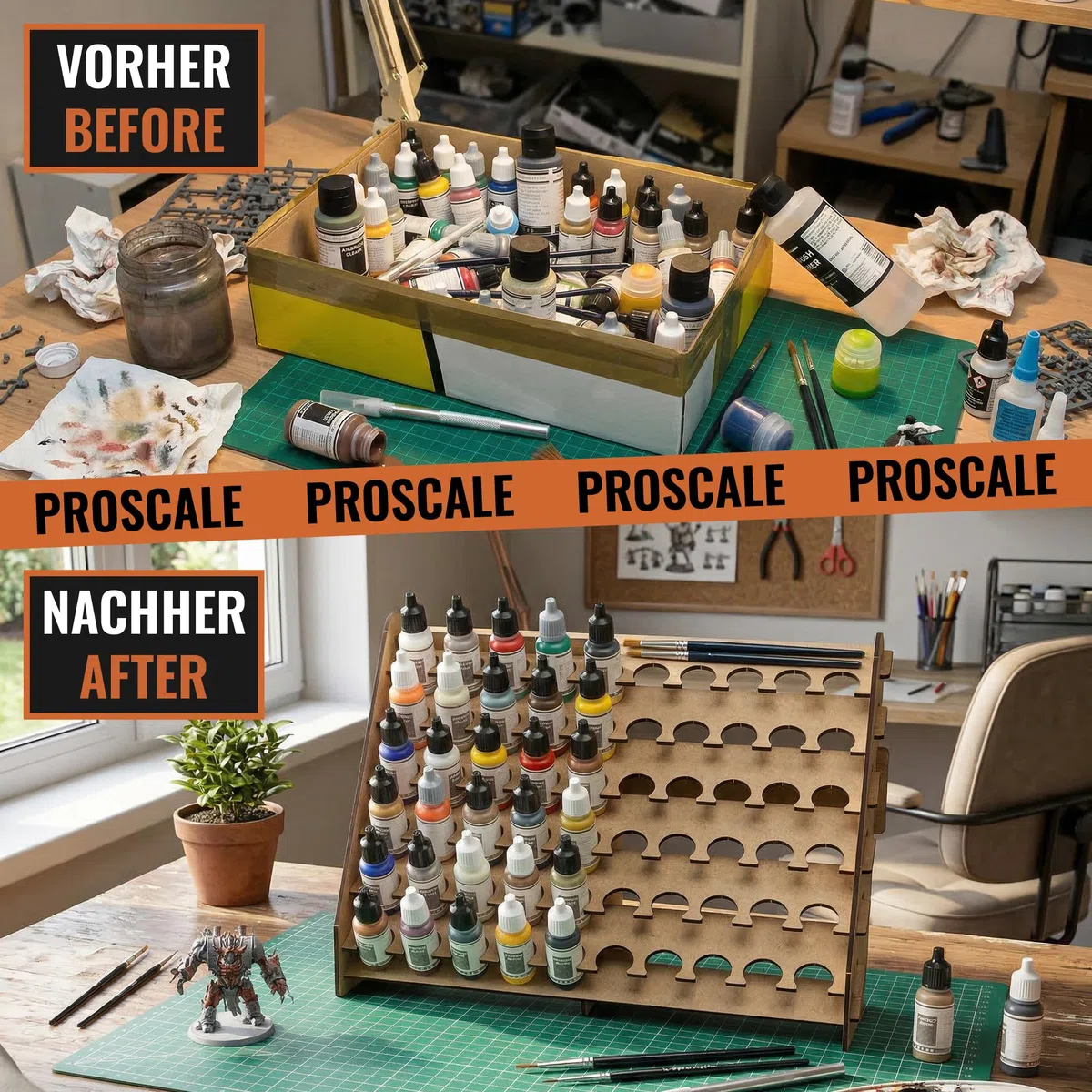 PROSCALE Wand-Farbenregal Farbständer für Tabletop-Farben & Modellbau 26 mm Dropper-Flaschenhalter mit Pinselhalter Kompatibel mit Vallejo, Army Painter, AK