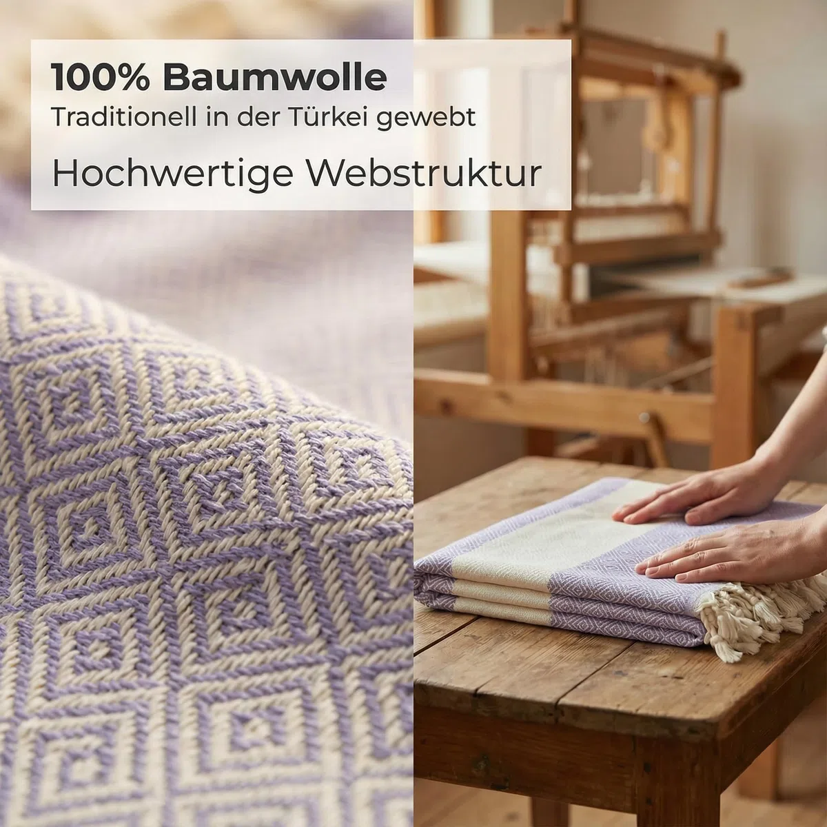 Hamamtuch 180x100 cm aus 100% Baumwolle – Saunatuch/Saunahandtuch & Strandtuch – Leicht, saugstark & schnelltrocknend – Peshtemal (Fliederlila)