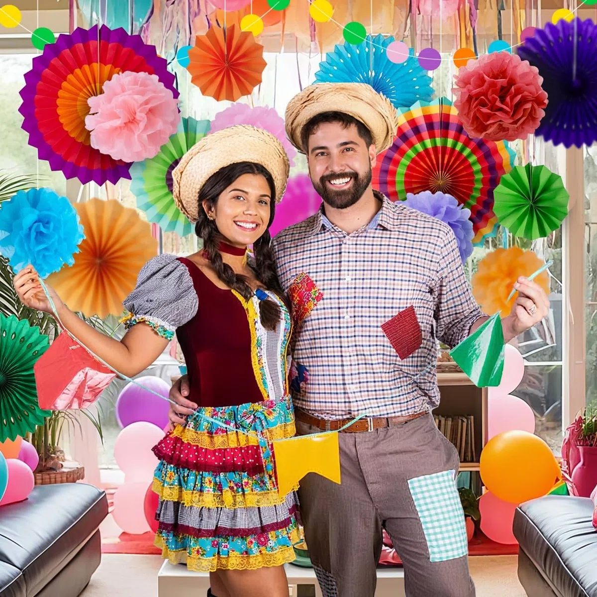 Huryfox Bunte Party Deko für Gartenpartys, Geburtstage und Karneval - 33 Stück mit hängenden Papier Lüfter, Regenbogen Pompons, Tissue Bänder und Wimpelketten Girlande für Feste, Hochzeiten & mehr