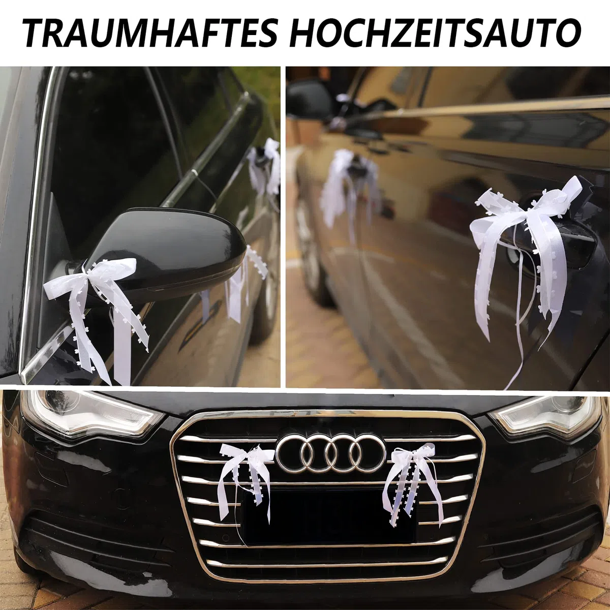 50 StüCk Autoschleifen Hochzeit - Weiß Mit Herzen Schleifen Auto - Hochzeit Weihnachtsschleifen Hochzeitsdeko - Handgemacht Satinband FüR Hochzeits (25 * 15cm)