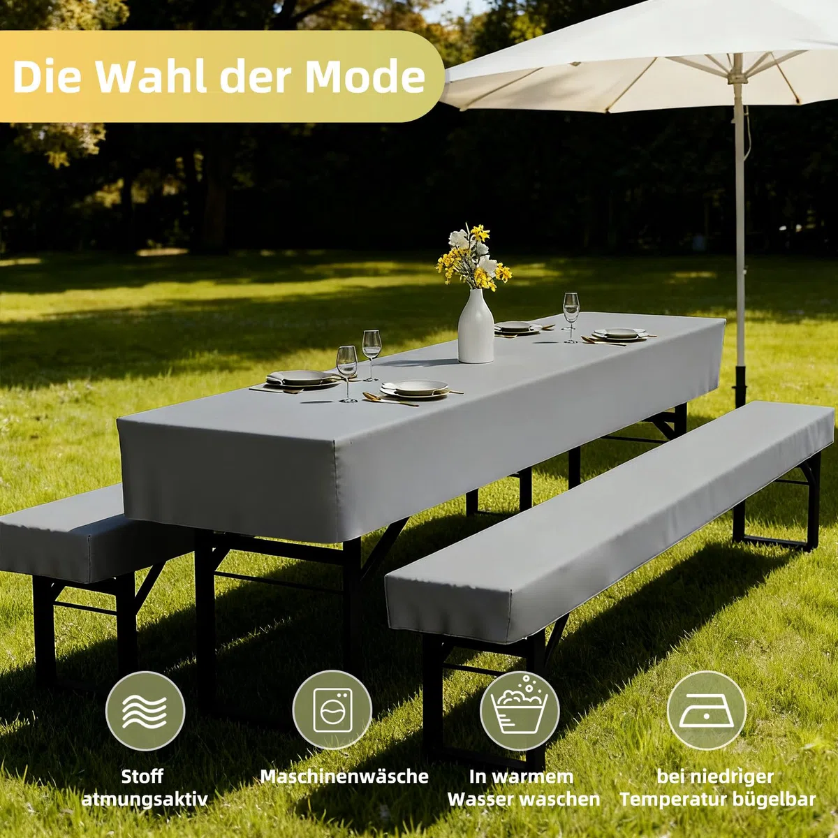 3-teilige Bierzeltgarnitur Auflage, Enthält 2 Bierbank Hussen und 1 Biertisch Husse aus Polyestermaterial, Waschbar und Fixierbar Bierzeltgarnitur Hussen, für Bankette im Freien（Grau, 220x50cm）