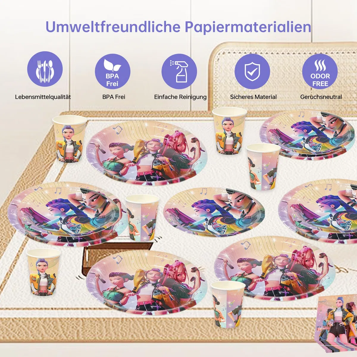 Huntrix Partygeschirr Set, 80 Stück Pappgeschirr für 20 Personen mit Pappteller Servietten, Bunte Große & Kleine Papier Teller, Cool Geburstag Party Geschirrset Tischdeko Zubehör für Mädchen