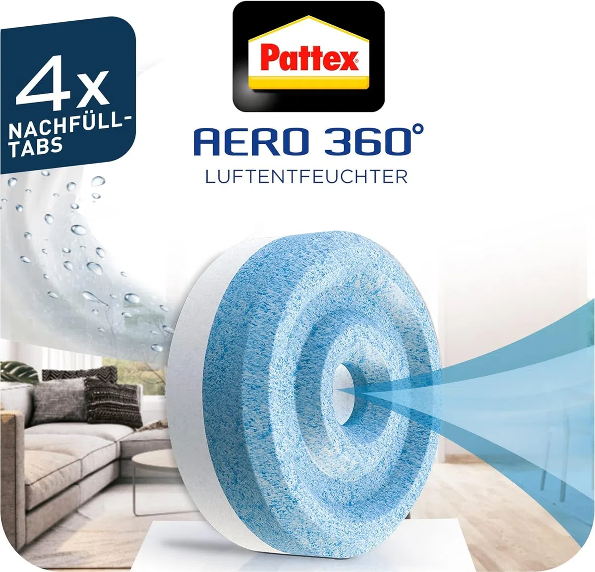 Pattex AERO 360° Neutral Tabs Nachfüllpack (4er-Pack), reduzieren Feuchtigkeit und schlechte Gerüche, Nachfülltabs für den Luftentfeuchter AERO 360°