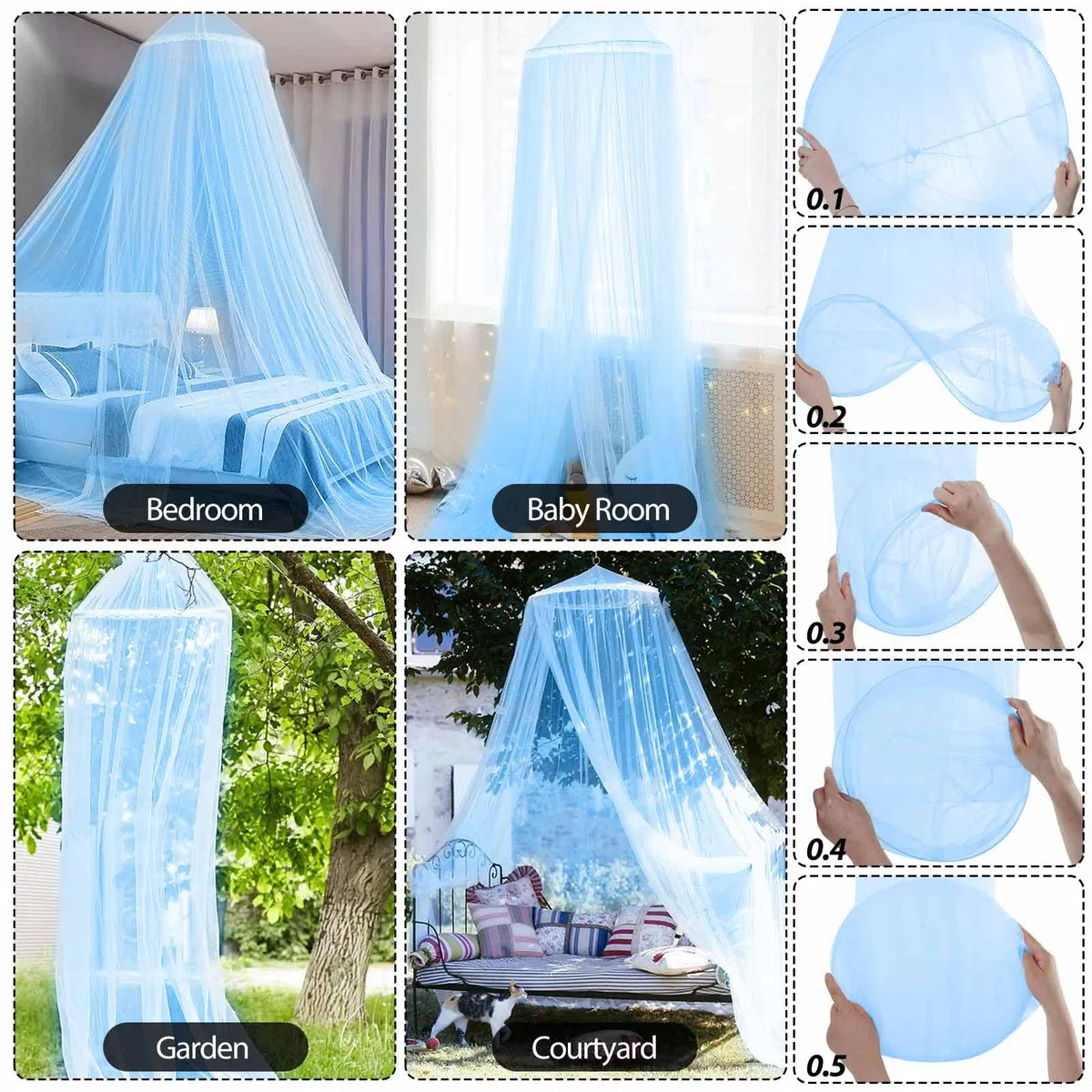 Reise Moskitonetz Bett mit Klebehaken Schrauben,Himmelbett Vorhänge für Moskitonetz Doppelbett und Einzelbett,Blau Fliegengitter Moskitonetze für Garten Camping Hause Betthimmel,60x250x1100cm