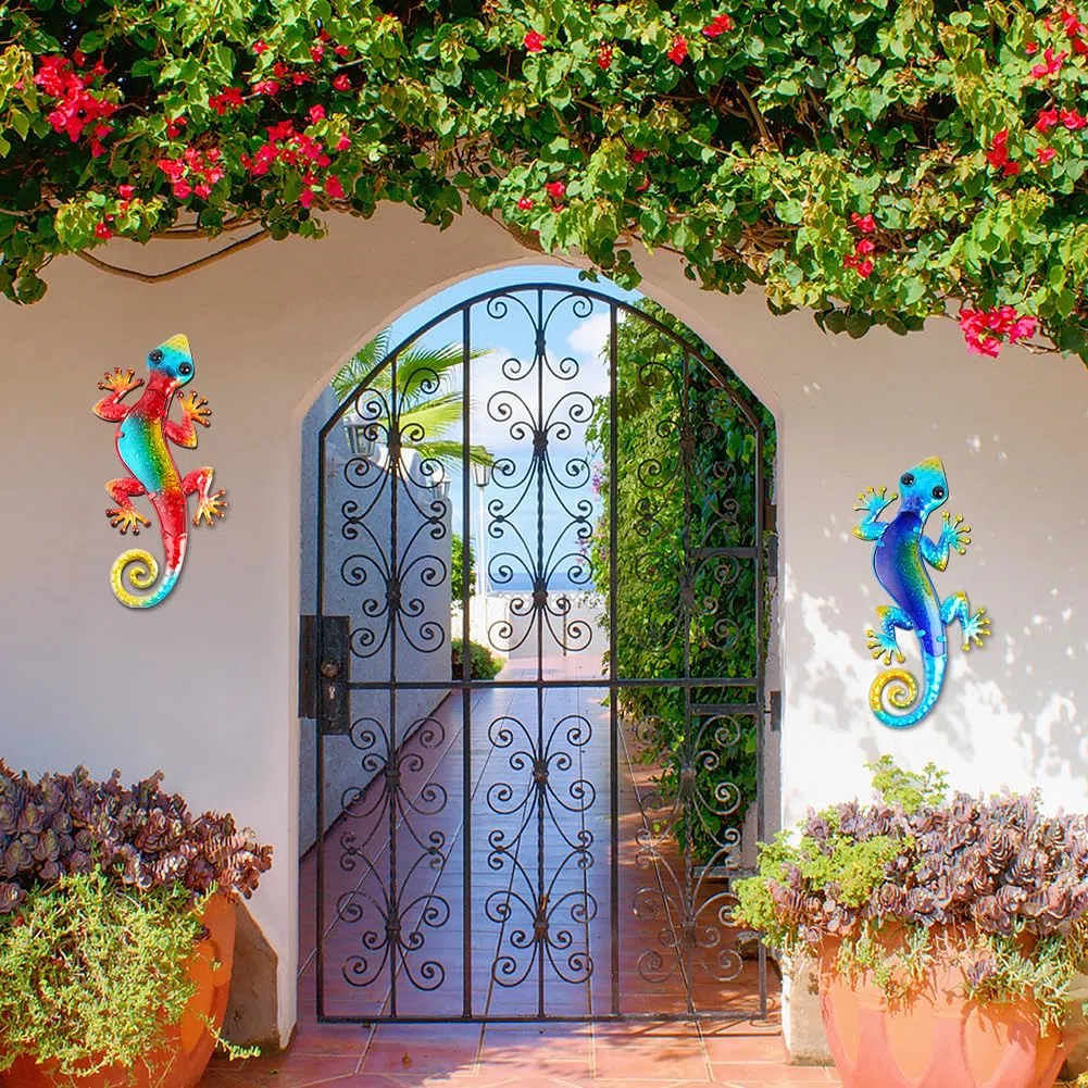 AOOSU Metall Gecko Wanddekoration, 2 Stück Eidechse Kunst Wand, Eidechse Kunst-Ornament für Garten, Veranda, Terrasse