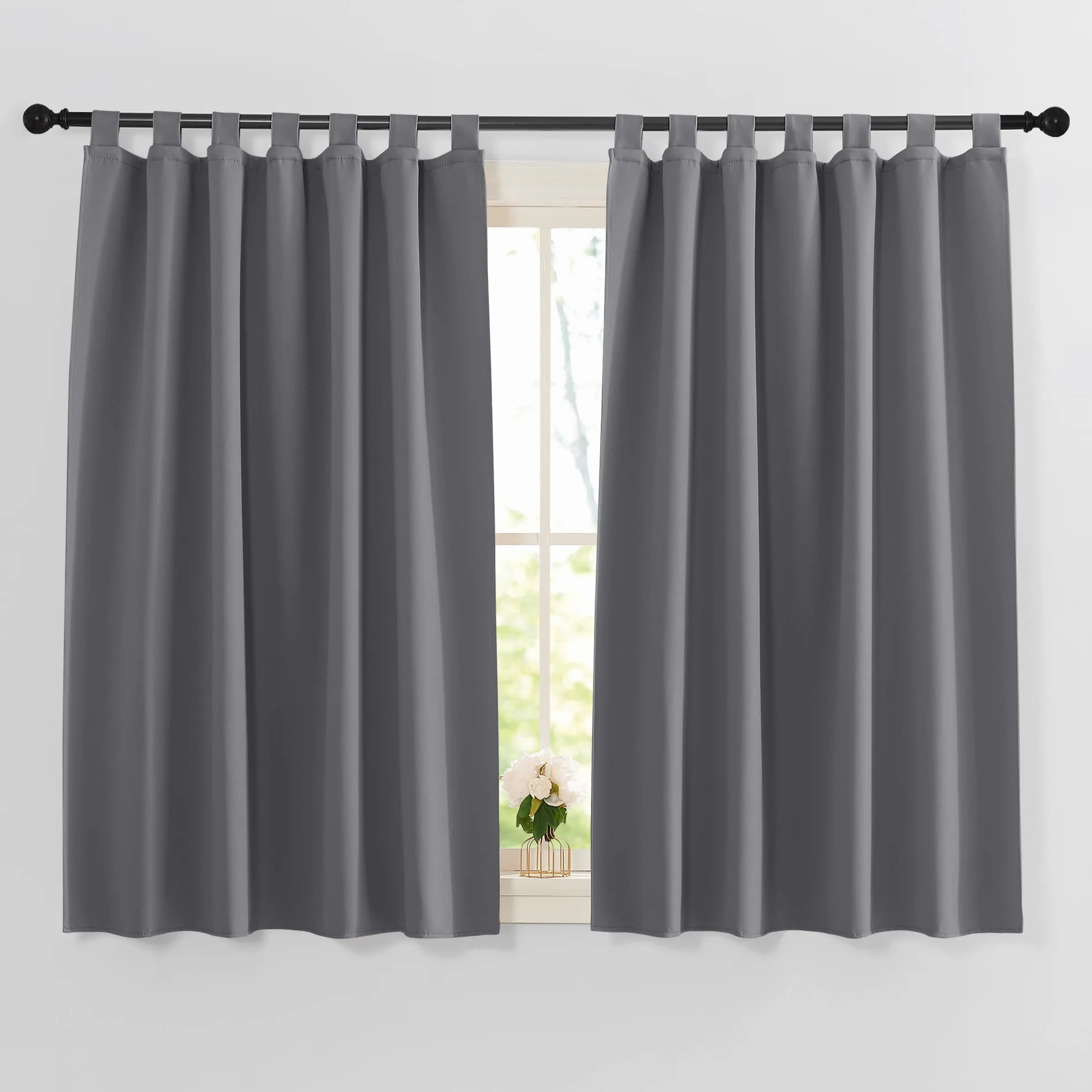 PONY DANCE Gardinen Kurz Schlaufenschal 2er Set - Küchen Vorhänge Kurz H 145 x B 140 cm Blickdichte Gardinen Grau Verdunklungsvorhänge Kinderzimmer Thermovorhang gegen Kälte