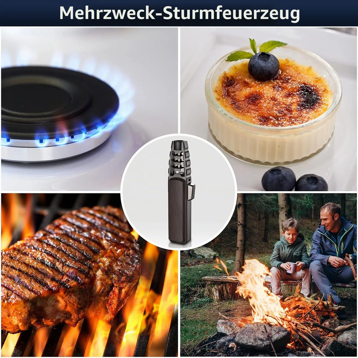 Butan-Feuerzeug, nachfüllbar, für die Küche, Kochfackel, winddicht, verstellbare Flamme, Solarstrahl, Backcreme, Brulee (Butangas nicht im Lieferumfang enthalten) (braun)