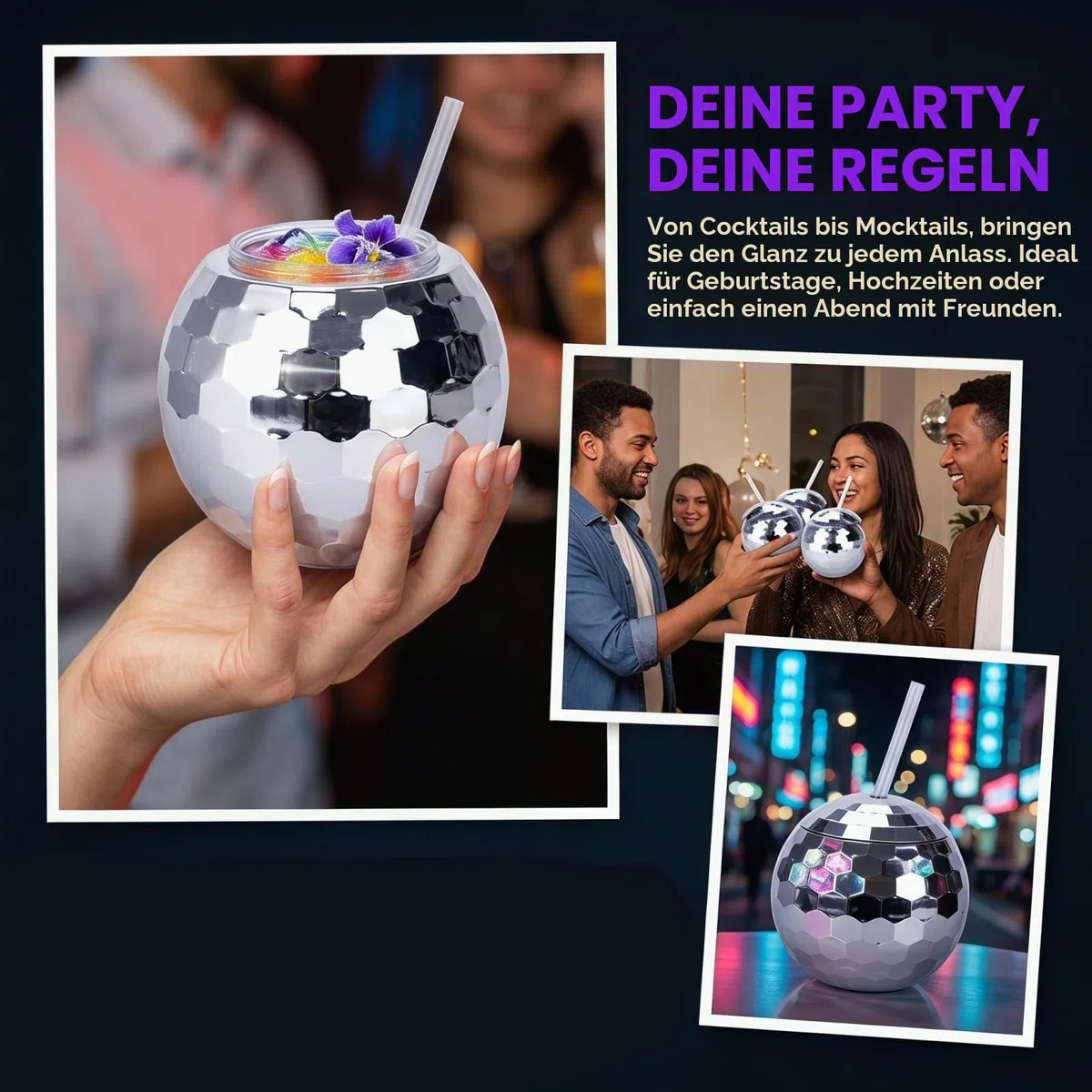Nicunom 6 Stück 540 ml Discokugelbecher mit Deckel und Trinkhalmen Wiederverwendbar, silberfarben, Discokugel-Becher, Cocktailbecher, glitzernd, Disco-Bar, Party, Wein, Trinken, Tee, Sirup, Flasche