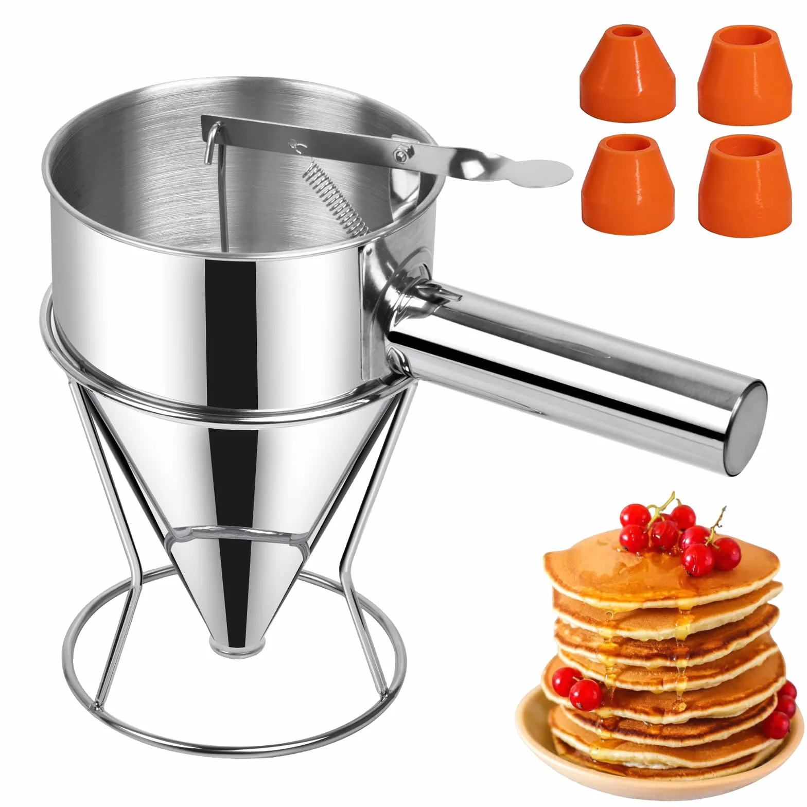 Sopito Teigspender, 600ml Pfannkuchen Teigspender Edelstahl Teigportionierer Multi-Kaliber Edelstahl Trichterkuchen-Spender mit Ständer Großartig für Pfannkuchen Desserts