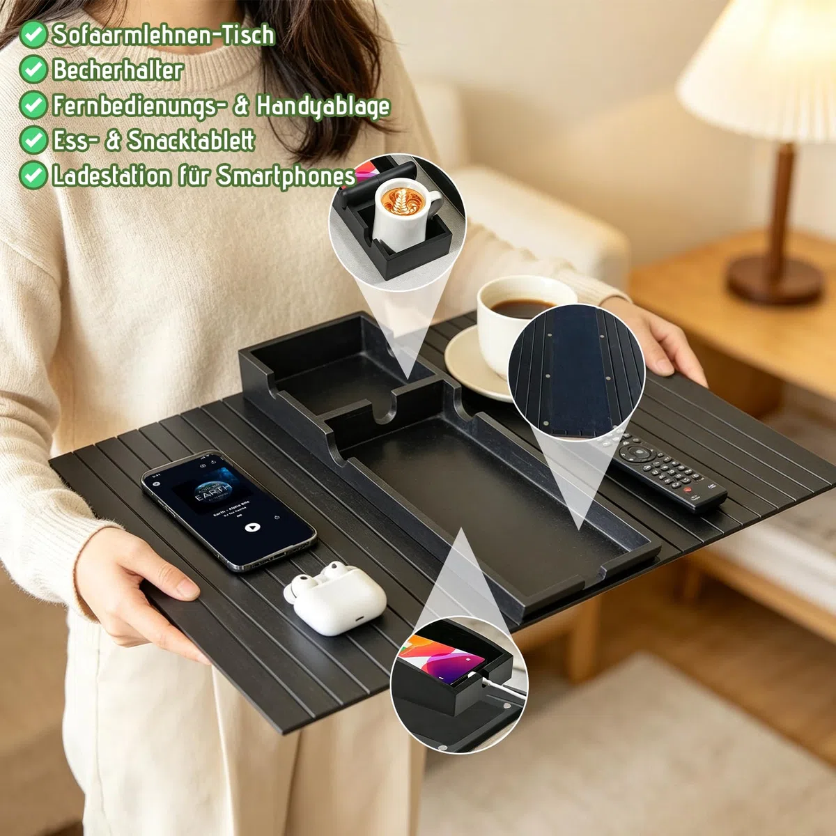 Sofatablett Armlehne, 44x34 cm 3-in-1 magnetisches abnehmbares Couch-Armlehnentablett, Sofa Tablett, Sofa Ablage mit Anti-Rutsch-Pad für Snacks/Handy/Control/Tassen (schwarz)