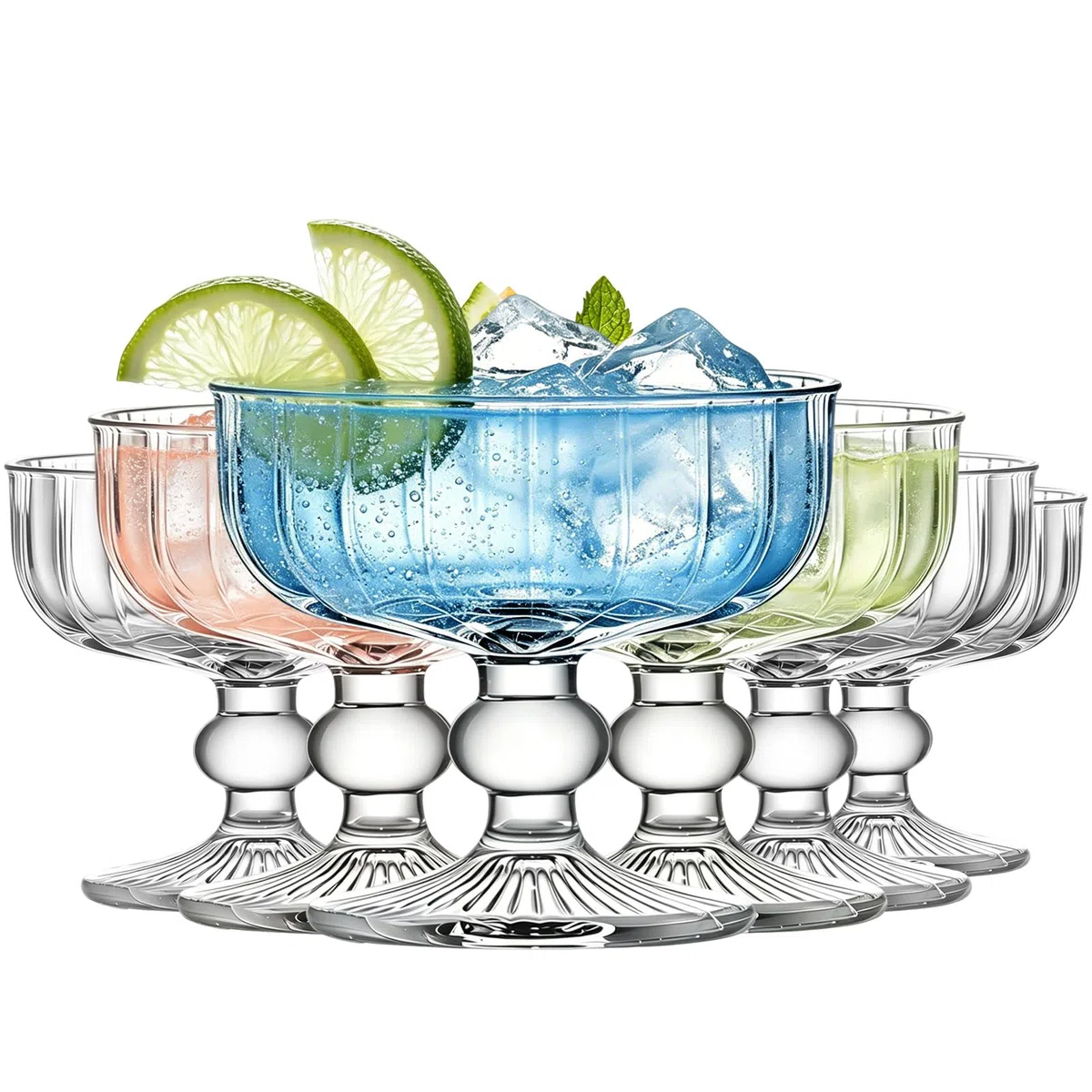 6er Set Cocktailgläser Coupe 320 ml – Vintage Margarita Gläser, Retro Dessertgläser aus Glas, Stielgläser für Martini, Daiquiri, Eis, Sundae & Bar