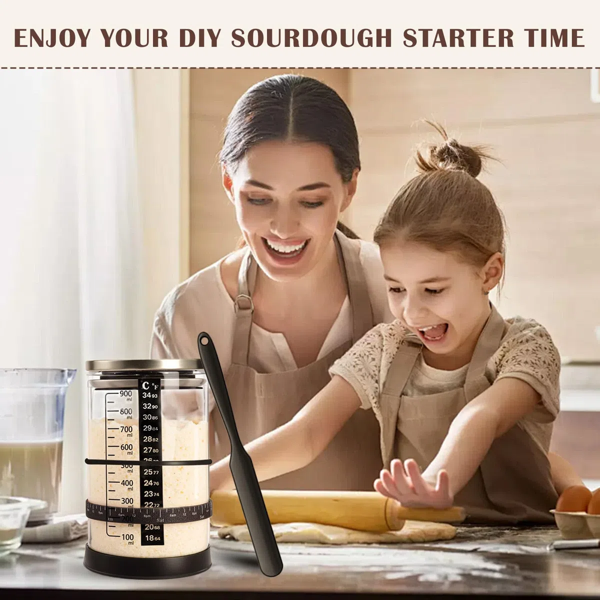 Sauerteig Starter Jar Kit 1000ml Gärglas mit Spatel, Fermentierglas, Sauerteig Glas Jar, Sourdough Starter Kit, Anstellgut Glas Behälter, Reusable Brot Backen Zubehör