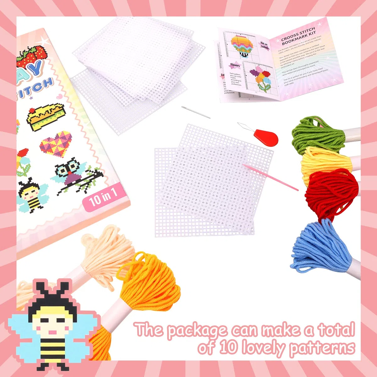 Pllieay 10-in-1-Kreuzstich-Set für Kinder, inklusive Anleitung, 10 Mustern, 10 Kunststoffleinwänden und 14 farbigen Fäden für Handarbeiten