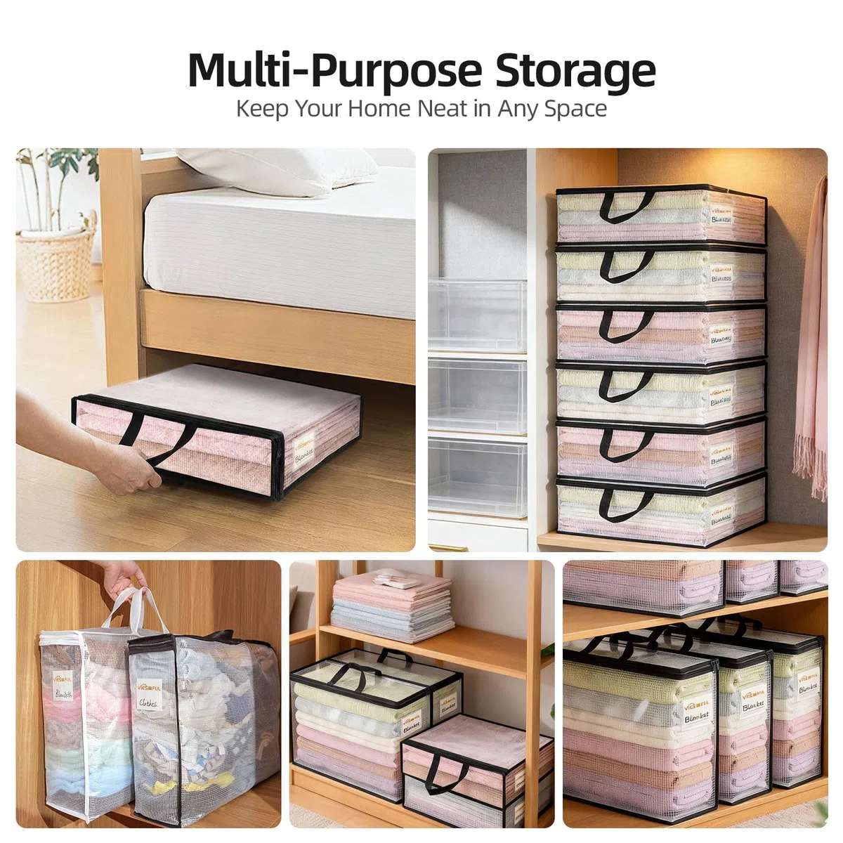 Vieshful 6 Stück Klare Aufbewahrungstaschen mit Etikett 22L – PVC Netz Aufbewahrungsbeutel mit Reißverschluss für Kleidung Aufbewahrung, Decken, Bettwäsche, Spielzeug, Unterbett Aufbewahrung,Schwarz